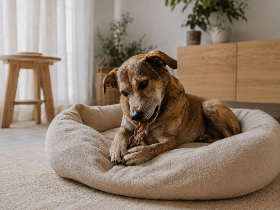 Cane che mastica una cotenna di manzo sdraiato nella cuccia