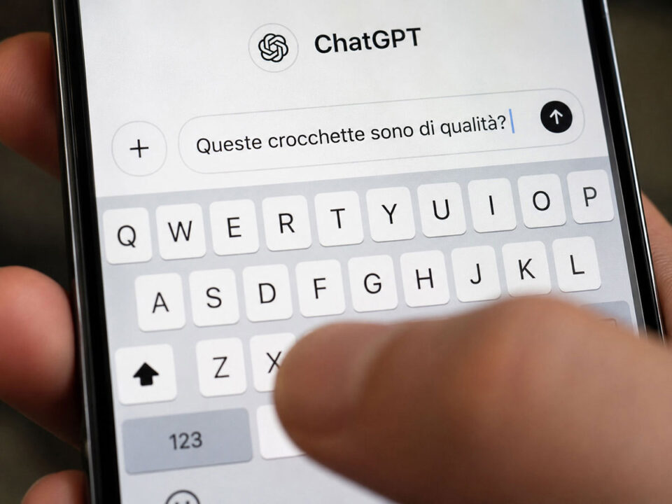 Smartphone con schermata di ChatGPT con richiesta prompt "Queste crocchette sono di qualit&agrave;?"