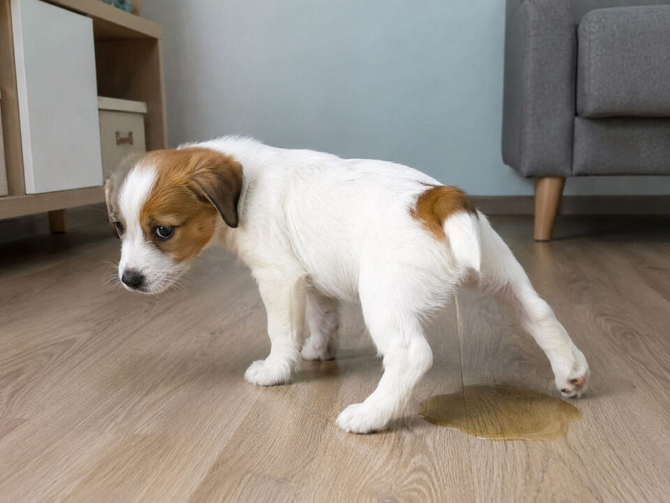Cucciolo bianco e marrone che urina sul pavimento in laminato di un salotto, con una pozza accanto alle zampe