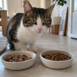 Gatto seduto davanti a due ciotole in ceramica, una con cibo umido e una con crocchette